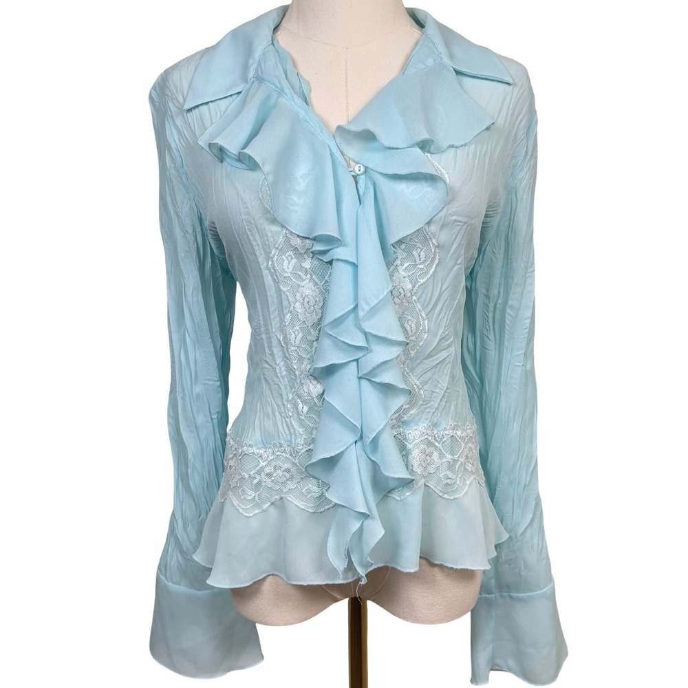 S.L.B. Ruffle Lace Blouse Women L Light Blue Textured Flare Sleeve Fairycore Y2K
